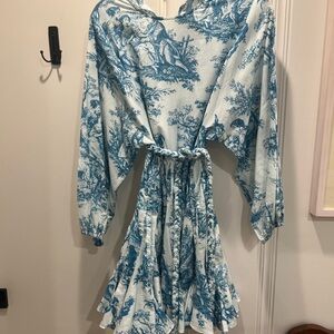 RHODE Blue and White Toile Dress with Braided Belt at Waist